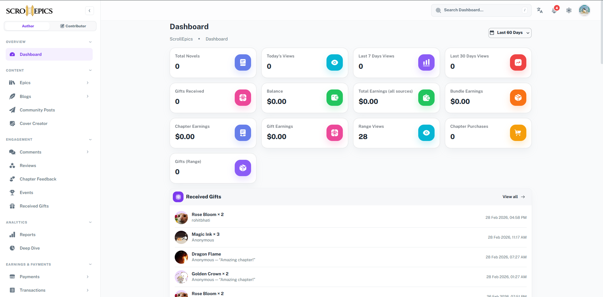 Author dashboard showing chapters, views, gifts, and balance